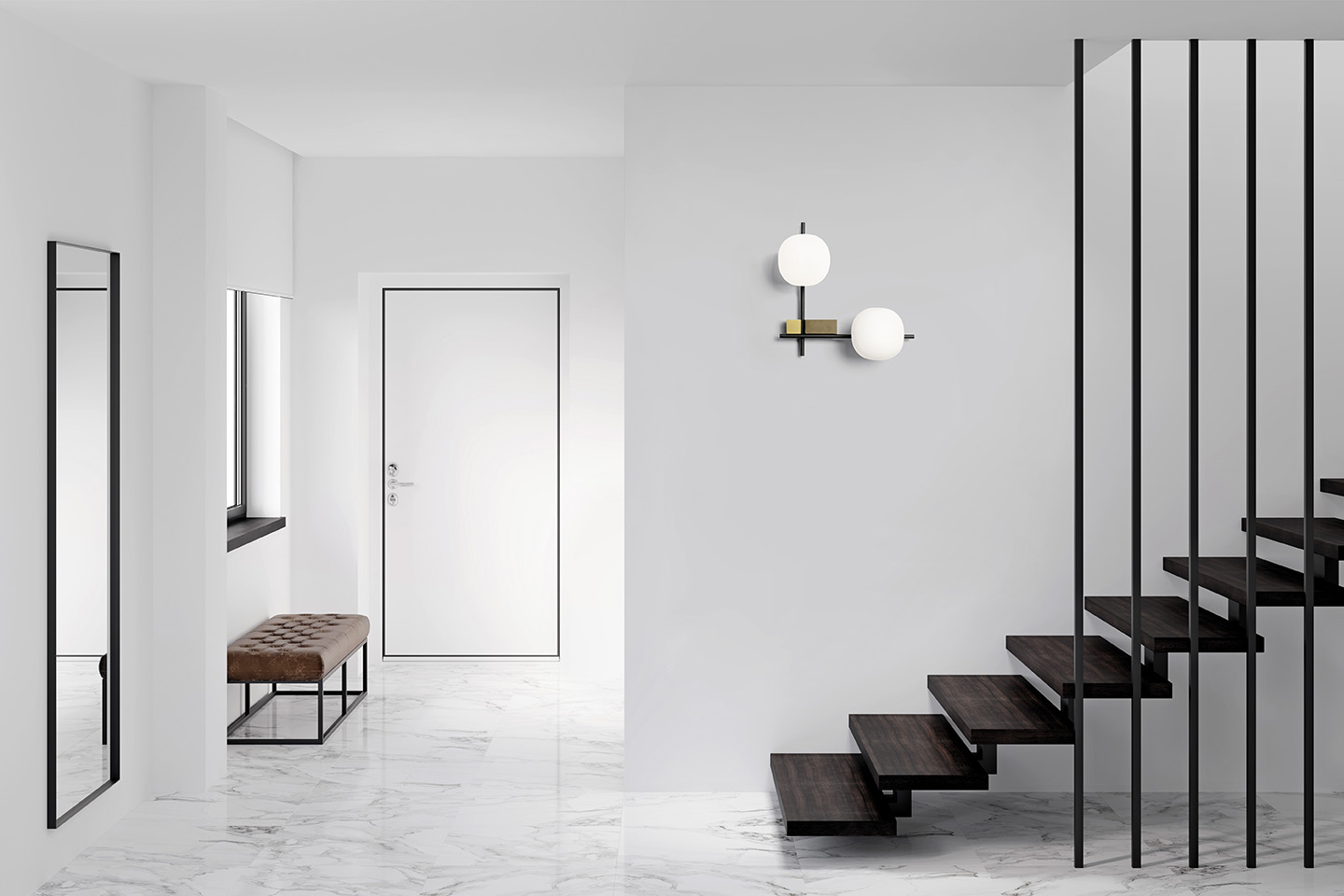 White,Minimalist,Lobby,With,The,Illuminated,Vertical,Poster,Above,The
