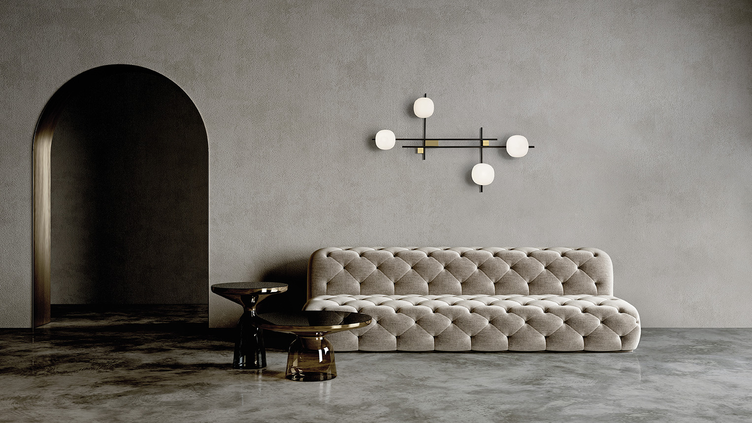Modern,Minimalist,Interior,With,Arch,,Concrete,Floor,,Sofa,,Coffe,Table